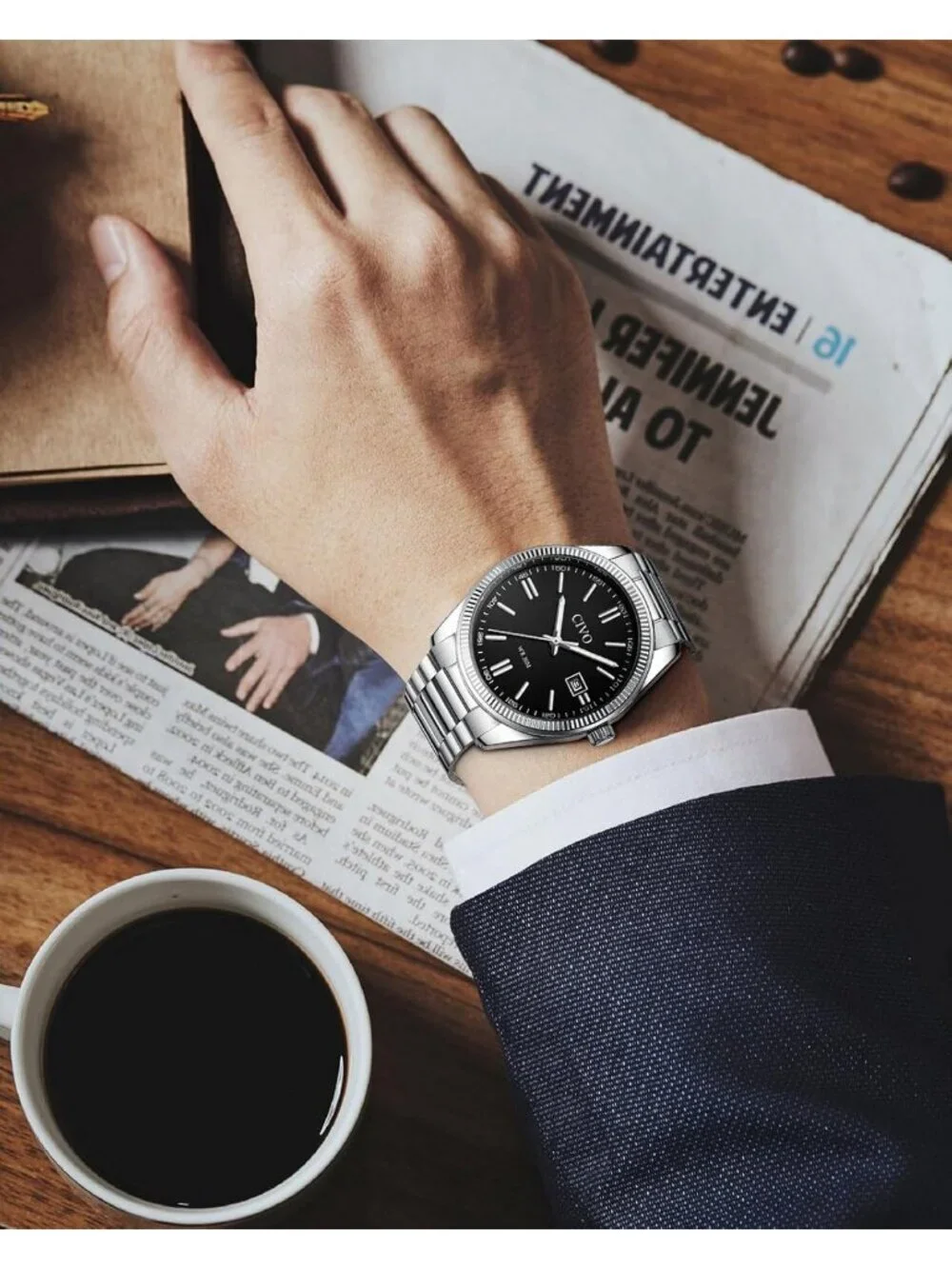 Men Silver Black Analog Quartz Skeleton Stainless Steel Round Casual Wrist Watch